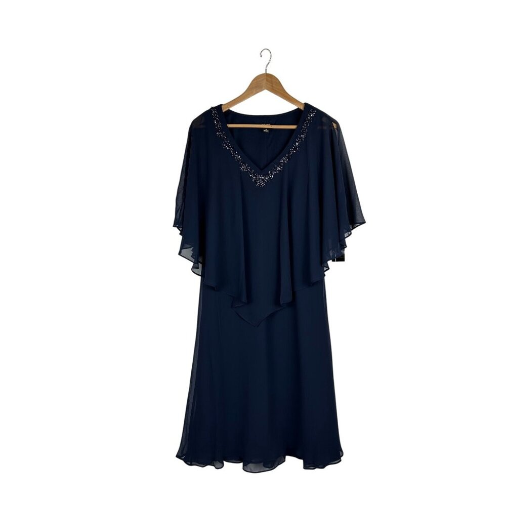 NWT Slny Women's 14 Dress Chiffon Evening Beaded Neckline Cape Overlay Navy Blue
